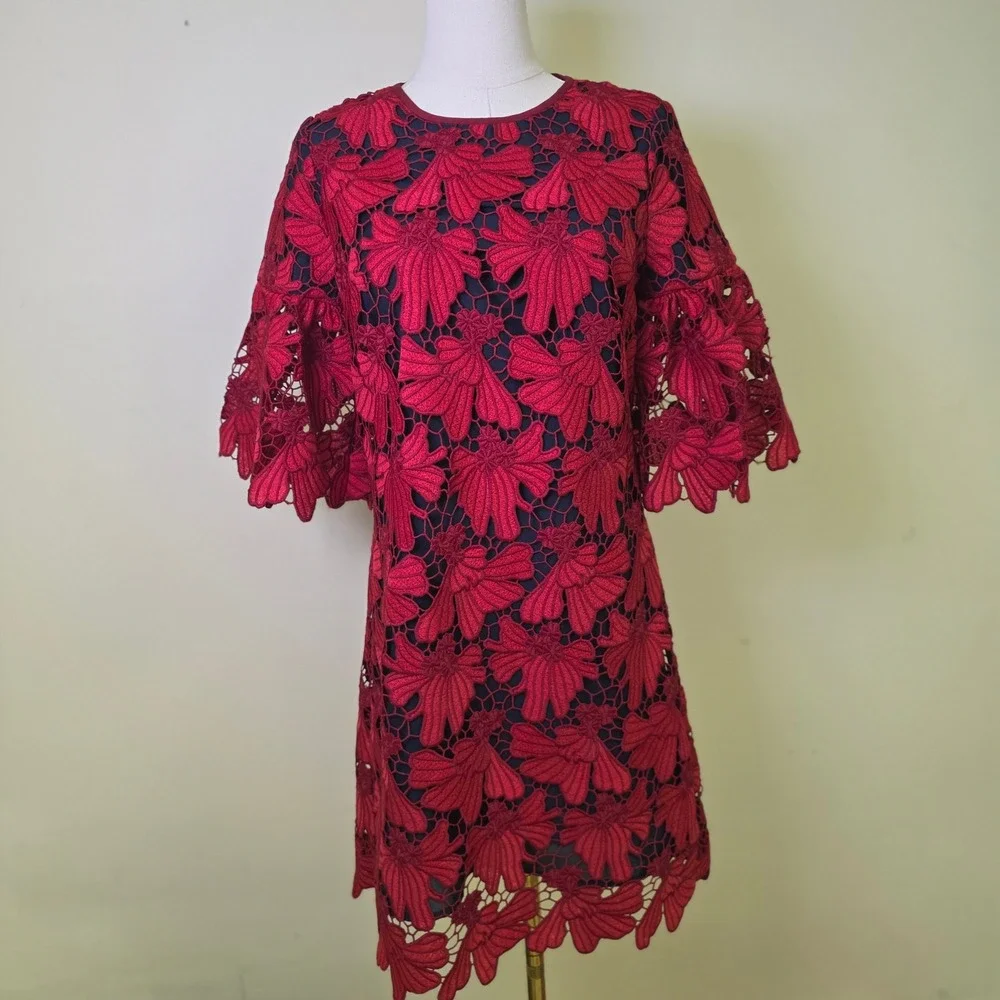 Tory Burch Floral Guipure Lace Shift‎ Dress Red Bell Sleeve Womens 4 Excellent